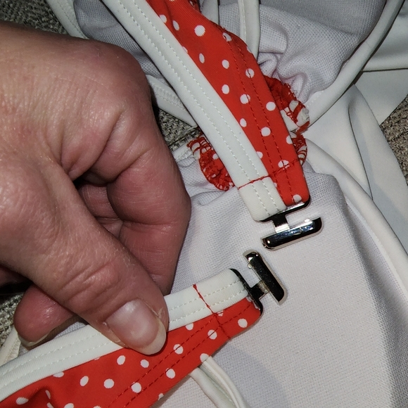 New Sheridyn Fisher Swimwear Bikini Top coral polka dot ruffle 11" across bottom - Picture 9 of 11